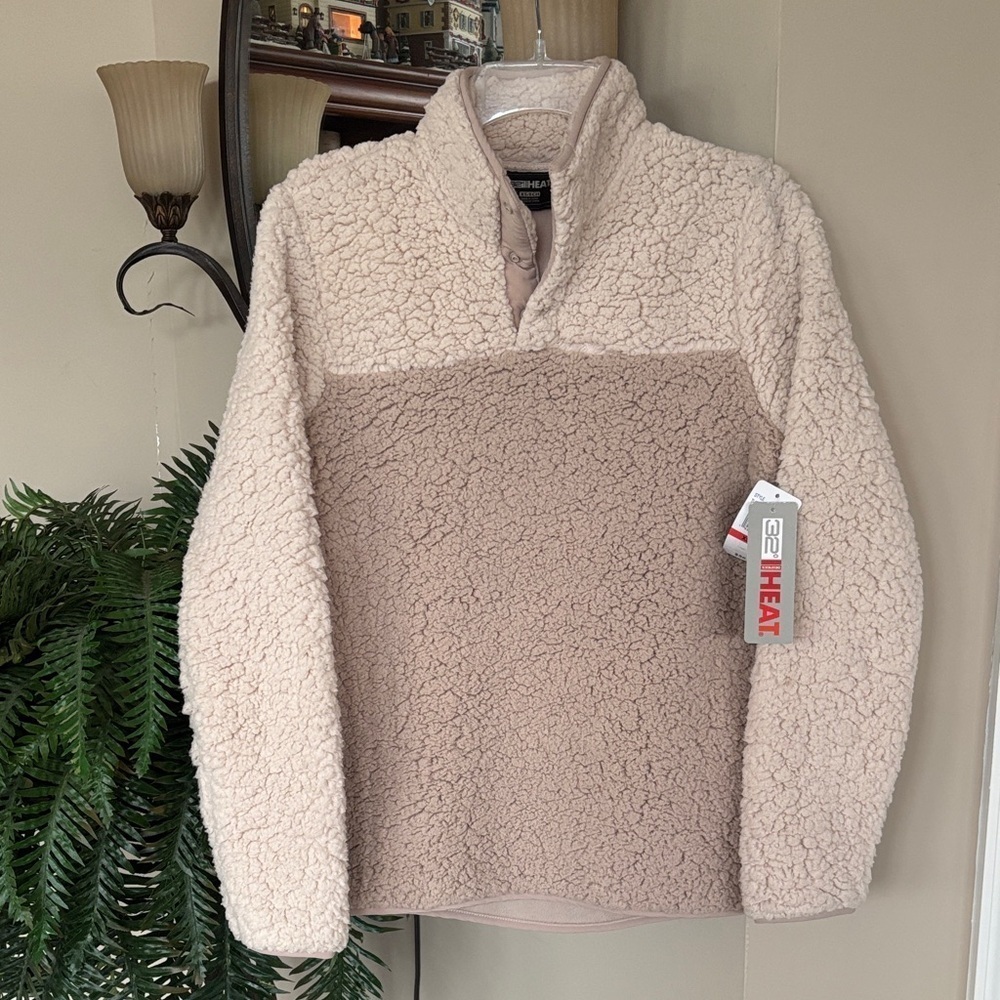 Brand New 32 Degrees Heat Sherpa Pullover 1/4 Snap Fleece Jacket Mock Neck Khaki